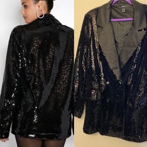 Forever 21 black Notched Blazer all Sequin satin collar glam plus size NYE 1X